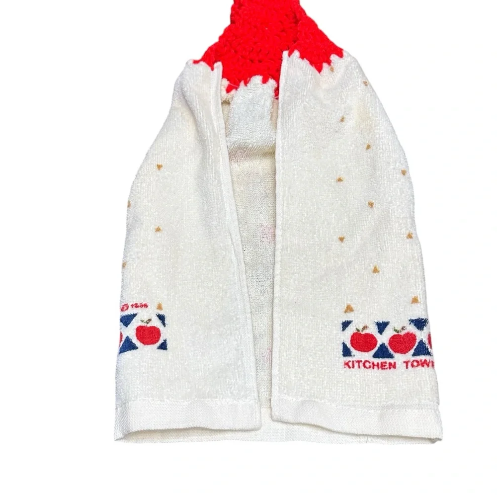 Vintage Handmade Crochet Kitchen Towel‎ Teddy Bear Apples Red White 90’s vibe